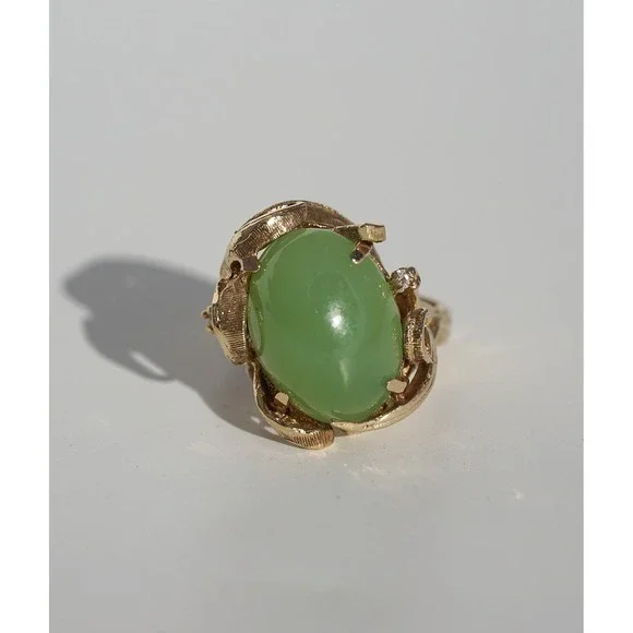 Vintage 10k Solid Gold Natural Untreated Apple Green Jadeite Jade Diamond Ring - Picture 7 of 14